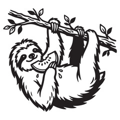 Fototapeta premium Funny Sloth Silhouette Line Art Bold Outline Hanging Jungle Animal Vector Illustration