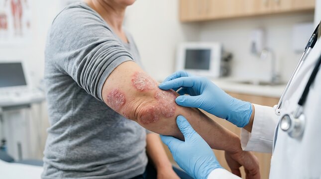 Dermatologist Examining Patient's Arm with Skin Condition; Medical Professional Inspecting Psoriasis or Eczema on Elbow in Clinic