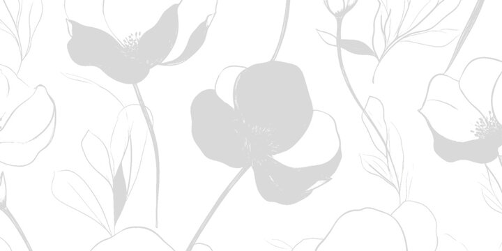 Delicate grey floral silhouette pattern with large blooming flowers and thin stems on a white background