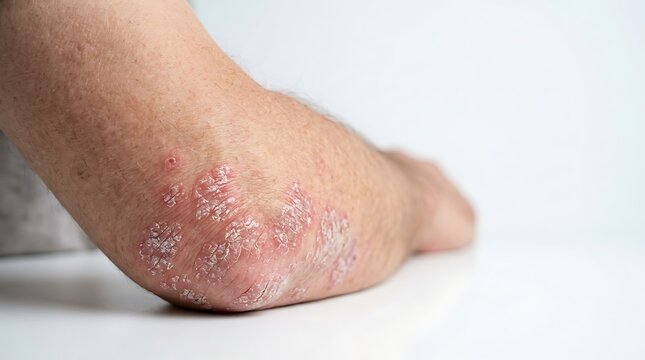 Close-up of Psoriasis on an Elbow, Revealing Red, Flaky, and Inflamed Skin from a Chronic Dermatological Condition on a White Background