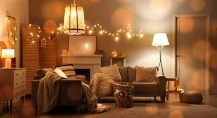 Obraz premium Interior of living room with sofas, fireplace and glowing lights at night