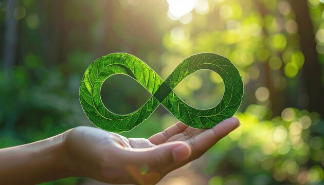 Hand holding green infinity leaf symbol.