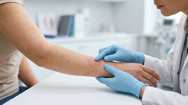 Dermatologist in blue gloves carefully examining a patient's forearm with a visible skin rash, possibly eczema or psoriasis, during a medical consu...