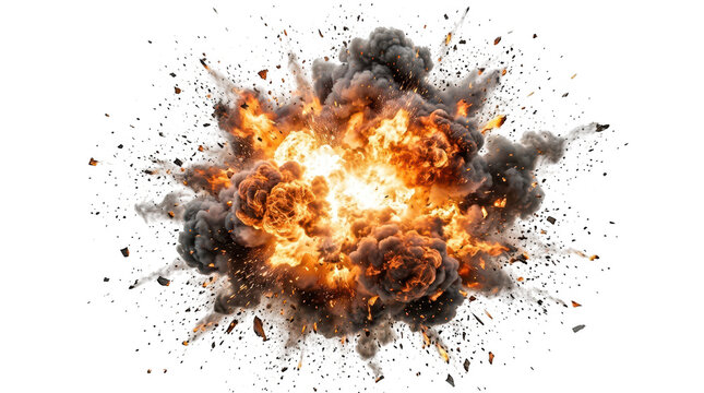 Large explosion with fire and smoke on white background transparent background