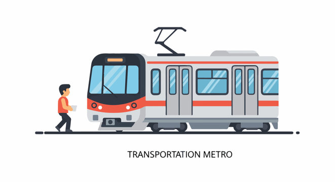 A man in an orange shirt walks next to a gray, red, and black metro train