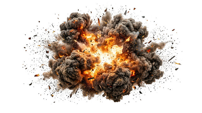 Large explosion with smoke and fire on white background transparent background