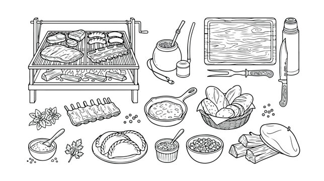 Argentinian BBQ Parrilla Grill Vector Set, Traditional Asado Meat and Empanadas, South American Cuisine Food Collection, Hand-drawn Outline Illustrations