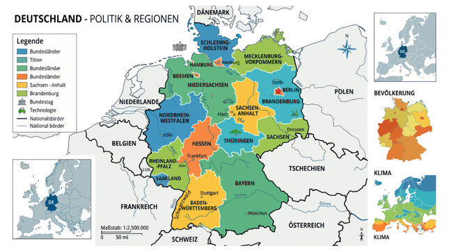 Political map of germany showing federal states and regional borders