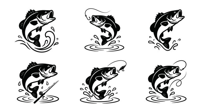 Bass fish jumping out of water with fishing line and hook icons