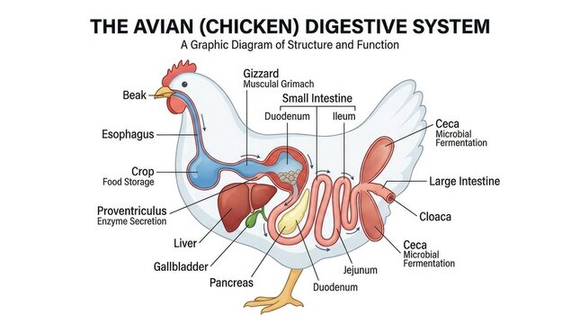 Avian Digestive System Anatomy Diagram for Chicken Poultry Science