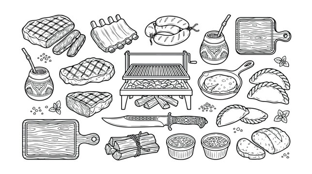 Argentine BBQ Parrilla Vector Set, Traditional Asado Grill Elements, Steak, Ribs, Chorizo, Empanadas, Chimichurri, Mate, Cutting Boards, and Firewood for Restaurant Menus and Cultural Designs