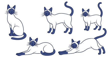 Naklejka premium Collection of stylized siamese cats in various playful poses, simple line art with navy blue accents on a white background, graphic elements for