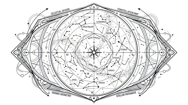 Celestial sphere constellation map with cosmic geometry and stars