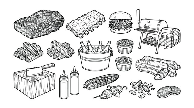 Vintage BBQ and Grill Vector Icon Set, Hand-Drawn Barbecue Food and Equipment Collection, Monochrome Engraving Style Illustrations for Outdoor Cooking and Summer Gatherings