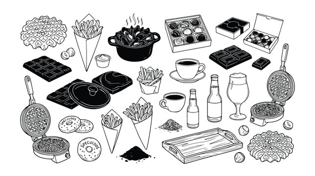 Belgian Food Vector Collection, Hand-Drawn Black and White Line Art, Traditional European Cuisine, Waffles, Fries, Mussels, Chocolate Pralines, and Beer for Restaurant Menus and Travel Guides