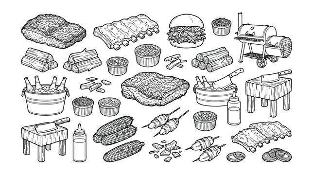 Smoked BBQ food and grilling essentials vector set, hand-drawn black and white line art illustration, barbecue meat, ribs, brisket, pulled pork burger, wood logs