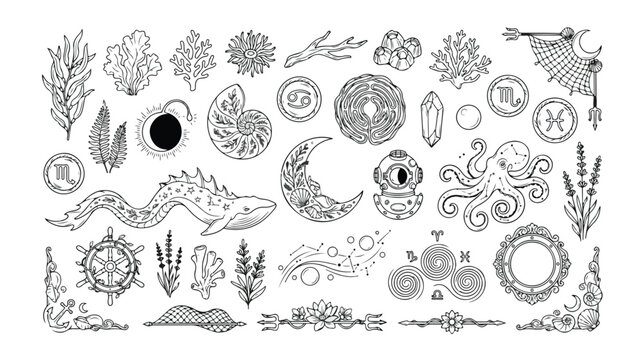 Mystical ocean life vector collection, hand-drawn sea creatures and celestial elements, vintage marine flora and fauna illustrations, underwater adventure and fantasy design assets