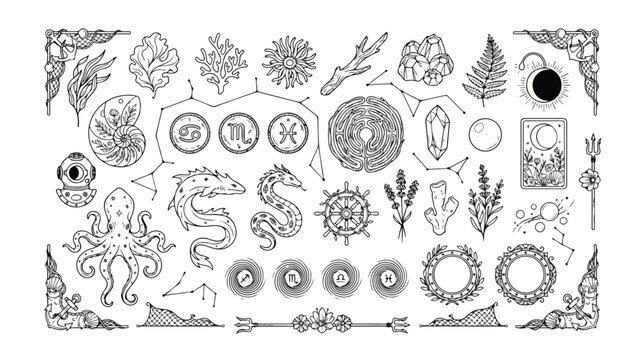 Mystical hand-drawn vector elements, celestial astrology symbols, esoteric nature illustrations, and magical occult design assets for spiritual projects