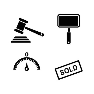 Set of four black silhouette icons representing legal, auction, sales, and measurement concepts, including a gavel, a blank sign, a speedometer, and
