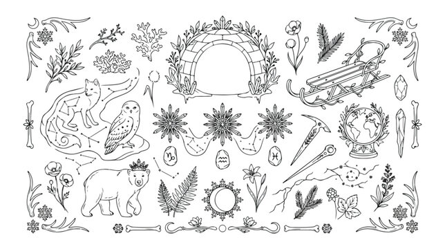 Mystical fantasy nature vector collection, enchanting woodland animals, magical forest elements, and celestial symbols, perfect for whimsical designs and storytelling.