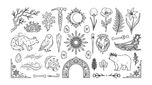 Mystical nature vector collection, hand-drawn magic forest elements, celestial and pagan symbols, witchcraft and spiritual line art illustrations, black and white outline graphics for esoteric