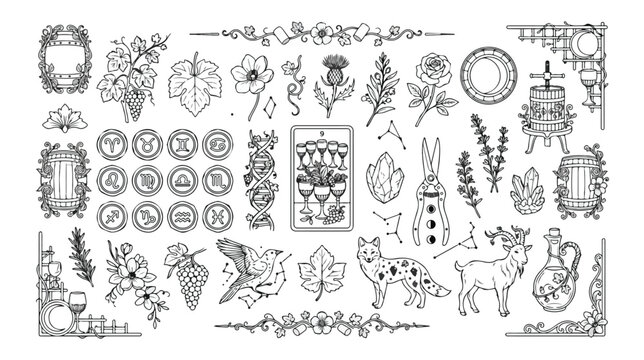 Mystical hand-drawn vector elements, a comprehensive collection of occult and esoteric symbols, vintage botanical illustrations, and celestial zodiac signs for spiritual design and witchcraft