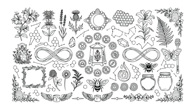 Mystical nature vector collection, hand-drawn botanical elements, celestial symbols, and magical alchemy icons, a spiritual and esoteric design kit for witchcraft and wellness.