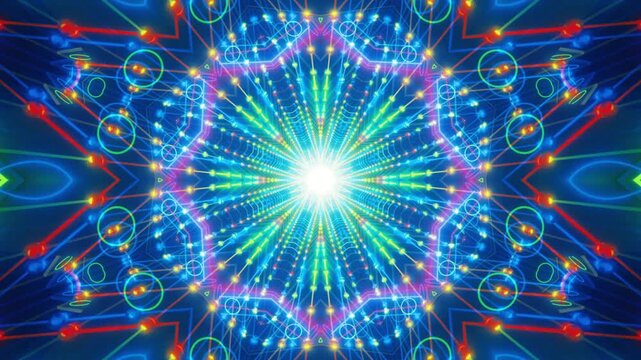 Kaleidoscope pattern displays vibrant neon light beams radiating from a central glowing point in a digital art composition.
