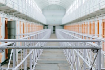 Obraz premium Victorian era prison interior with weathered metal railings and pastel cell blocks for heritage architecture and documentary storytelling