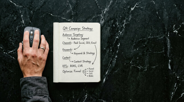 Digital marketing e commerce notebook with campaign strategy notes and mouse hand on black marble