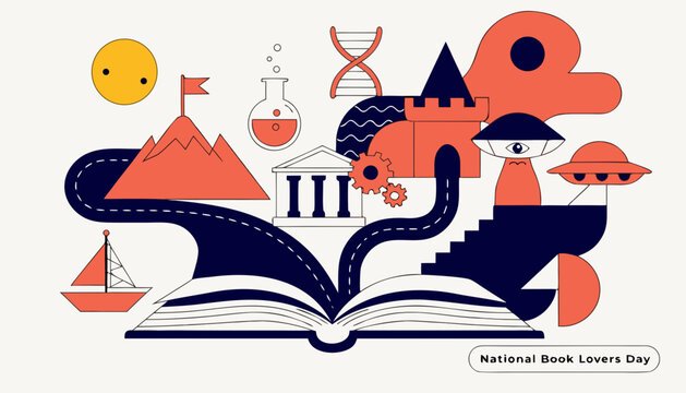 National book lovers day illustration with various symbols and icons
