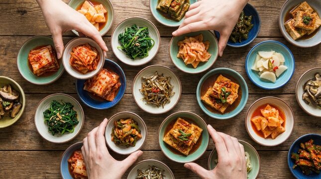 A Korean Feast Laid Out: A vibrant spread of traditional Korean side dishes, known as banchan, are artfully arranged on a rustic wooden table, inviting diners to share in a culinary experience.