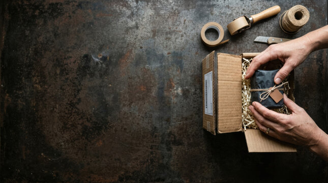 Digital marketing e commerce small gift package wrapped with twine rustic table conveying