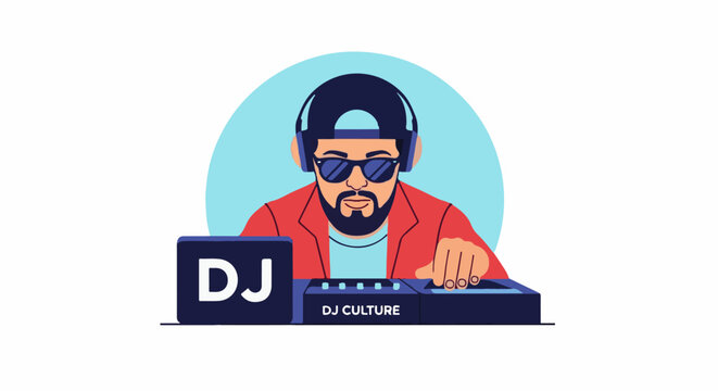 A man wearing a red jacket and headphones operates a DJ controller