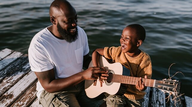 A Black father teaching his young child to play guitar on a weathered lakeside dock, capturing a candid and joyful moment of bonding for family and lifestyle themes