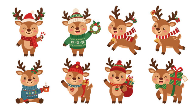 Seven cartoon reindeer wearing clothes and accessories are playing.