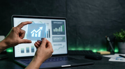 Fototapeta premium Digital marketing e commerce growth analytics icon held hands showing upward trend and business
