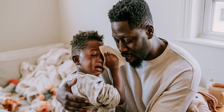 Black father comforting his crying young son in a sunlit living room, gently wiping away tears with a tissue for family care and parenting concepts