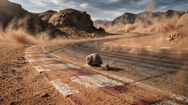 Determined Snail Navigating a Desert Racing Circuit