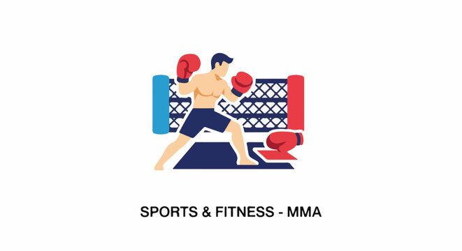 A man wearing red boxing gloves and blue trunks is in a fighting stance within a mixed martial arts cage