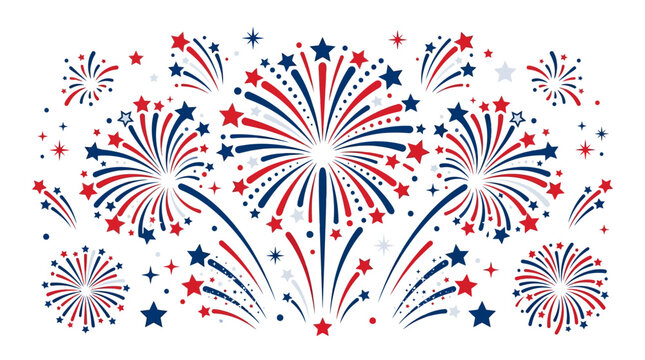 Fireworks explode in nighttime sky with red white and blue stars and stripes patterns