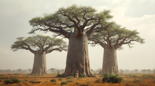 Three Baobab Trees in Savanna Landscape