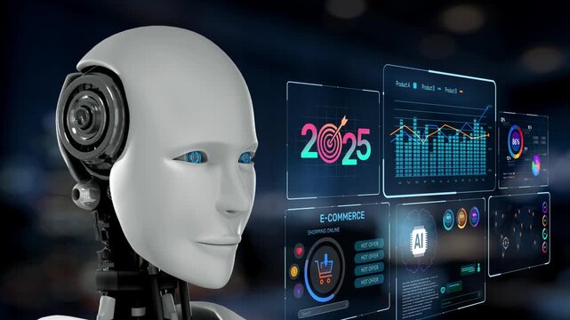 A futuristic robot analyzes complex data metrics related to e-commerce trends and forecasts for 2025, showcasing a blend of technology and innovation in a digital landscape. Synapse