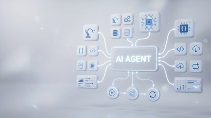Fototapeta premium Futuristic AI workflow interface featuring connected automation modules, data systems, and technology nodes, visualizing intelligent orchestration, process automation, and enterprise AI operations.