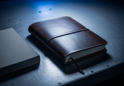 A worn leather notebook sits on a cold metallic desk beside a stack of gray paper under dim blue flickering light in a bleak workspace, flickering, paper, industrial
