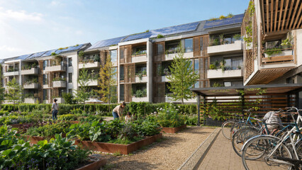 A sustainable residential complex with solar panels and a community garden surrounded by lush greenery and bicycles on a sunny day with people.