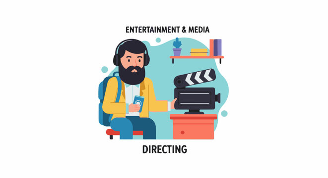 A man with a beard and headphones sitting with a film camera