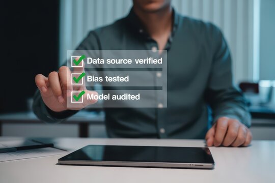 Businessman interacting with AI model validation checklist dashboard