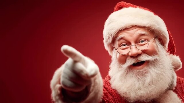 Smiling man in Santa costume pointing at camera with festive background