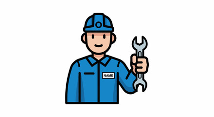 Fototapeta premium Cartoon mechanic holding a wrench tool.